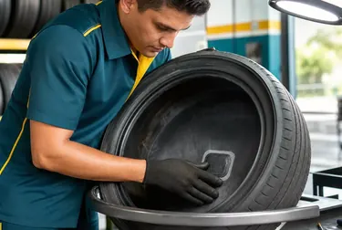 Mecânico realizando conserto de pneus com ferramentas especializadas.