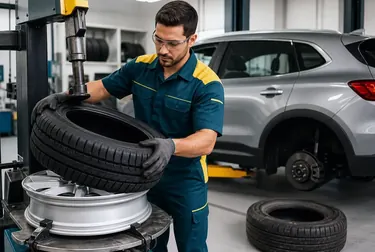 Profissional efetuando a troca de pneus em um veículo.