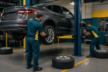 Profissional fazendo rodízio de pneus em um veículo.
