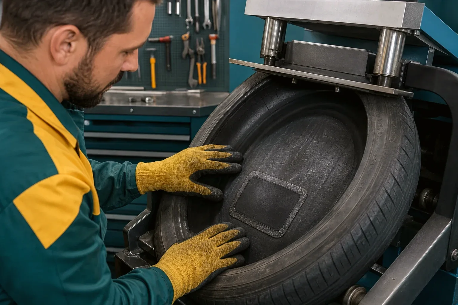 Técnico realizando a vulcanização de um pneu.