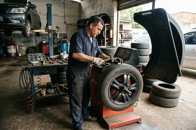 Técnico realizando balanceamento de rodas em um carro.