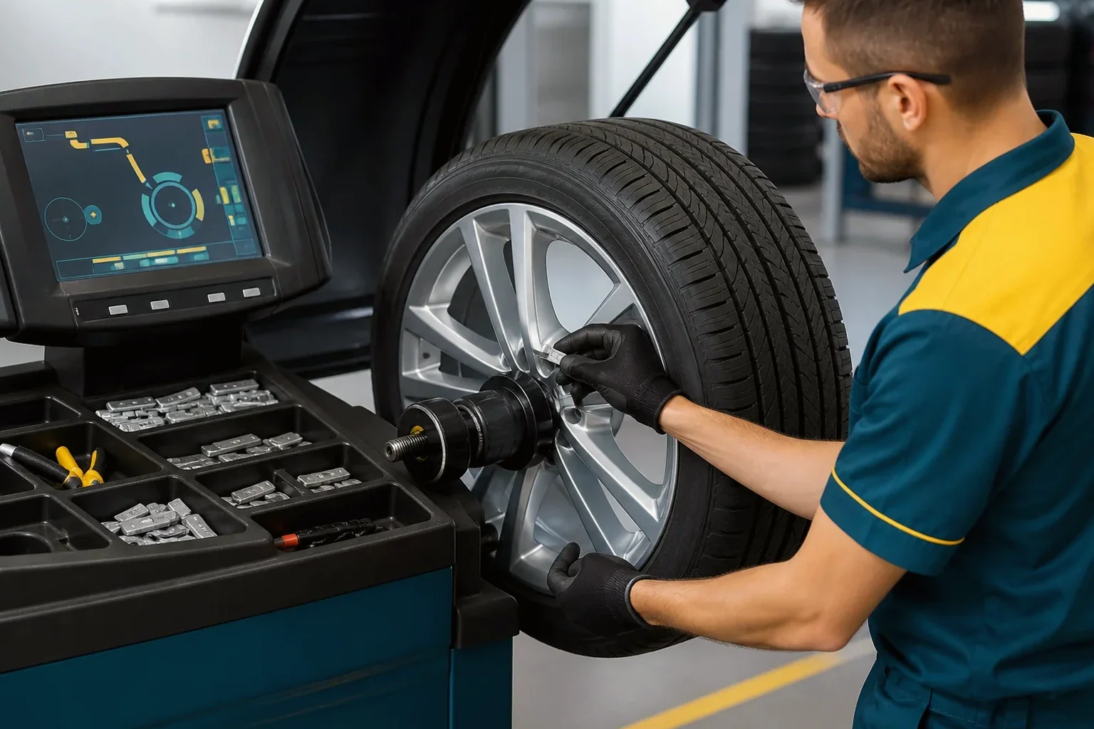 Técnico realizando o balanceamento de rodas com equipamento especializado.